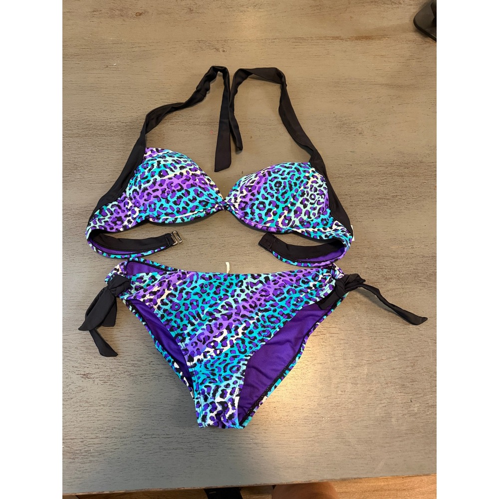 Inmocean Purple Turquoise Leopard Print Bikini Set Halter Top Side Tie Bottom L